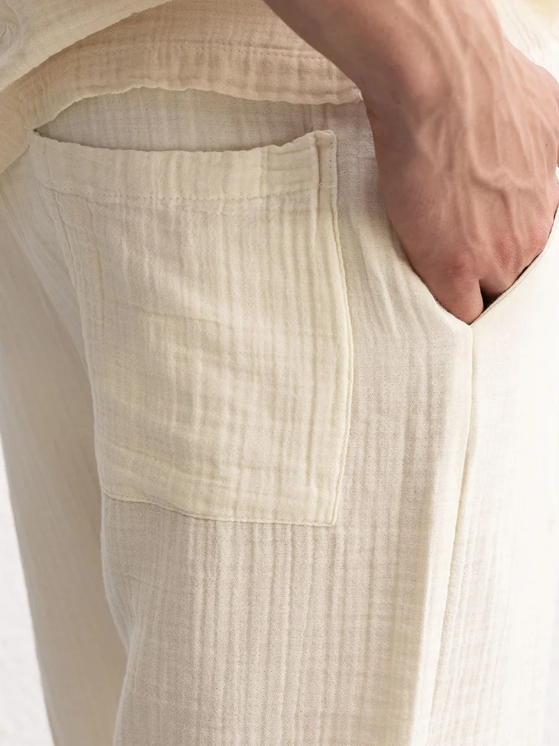 Giesto Beige Natural GIESTO Textured Cotton Relaxed Fit Drawstring Pants for Men | Best Price UAE